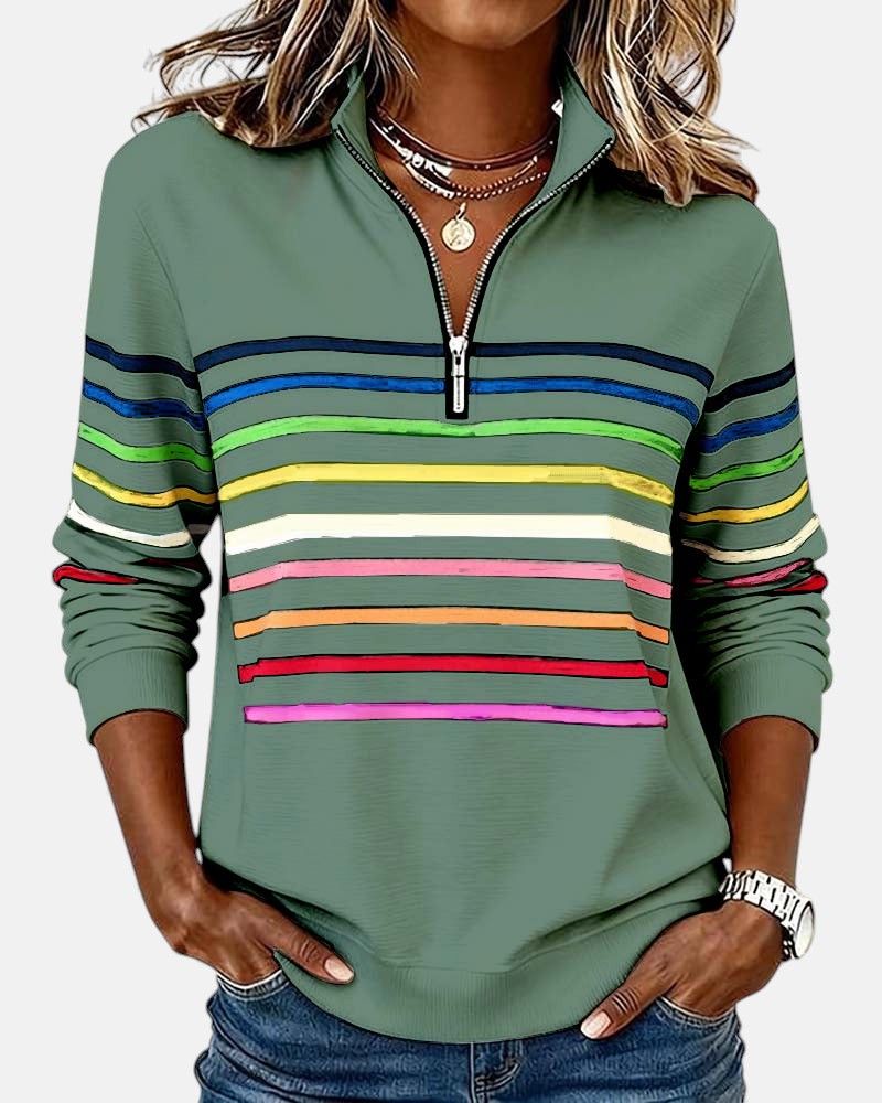 Diane | Women's Striped Half-Zip Sweatshirt with Stand Collar and Long Sleeves