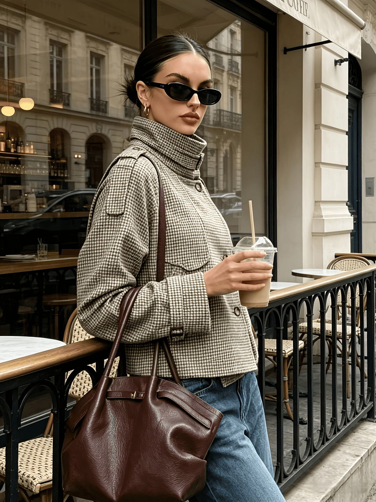 Women's Houndstooth Stand-Collar Cropped Jacket