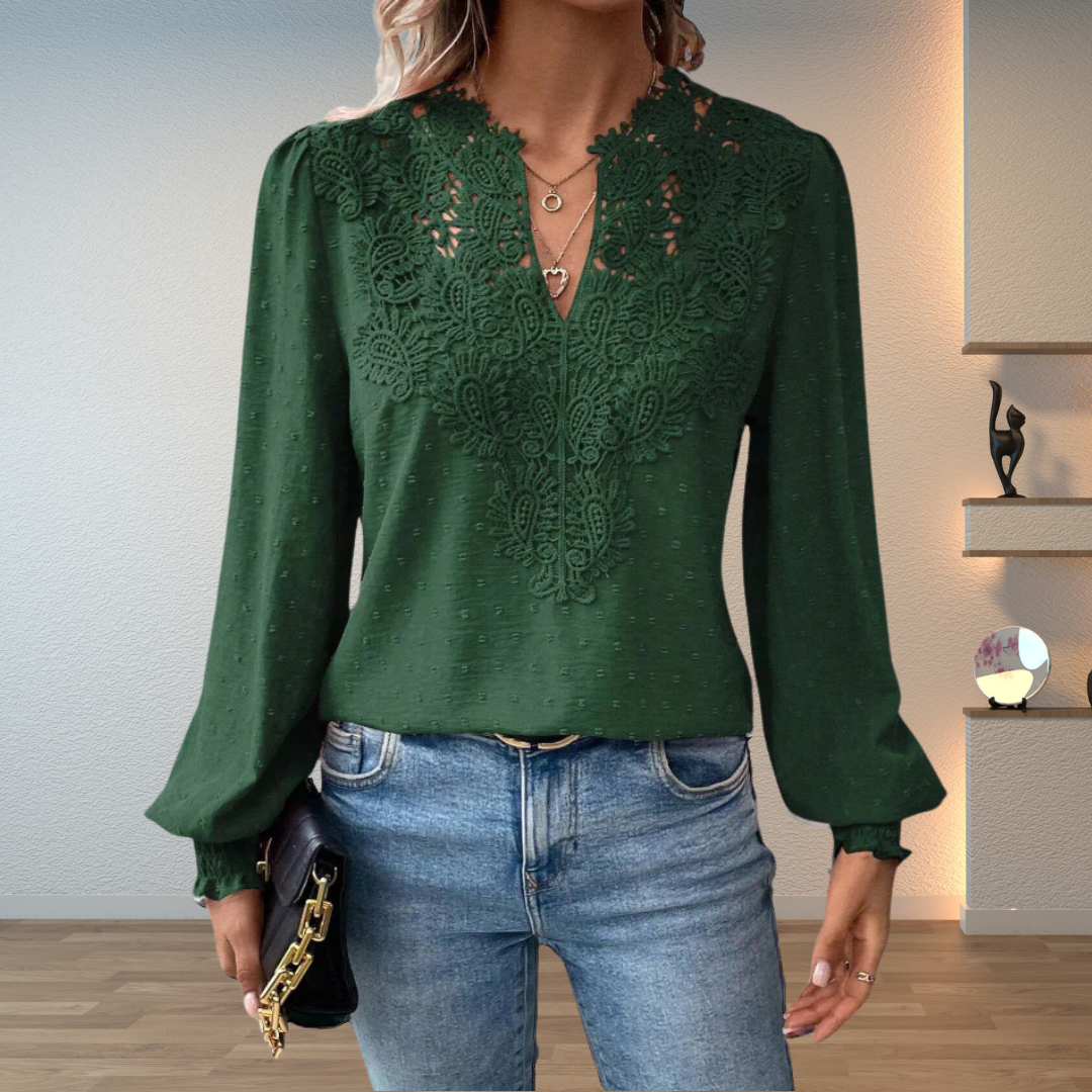 Women's V-Neck Lace-Trim Long-Sleeve Blouse