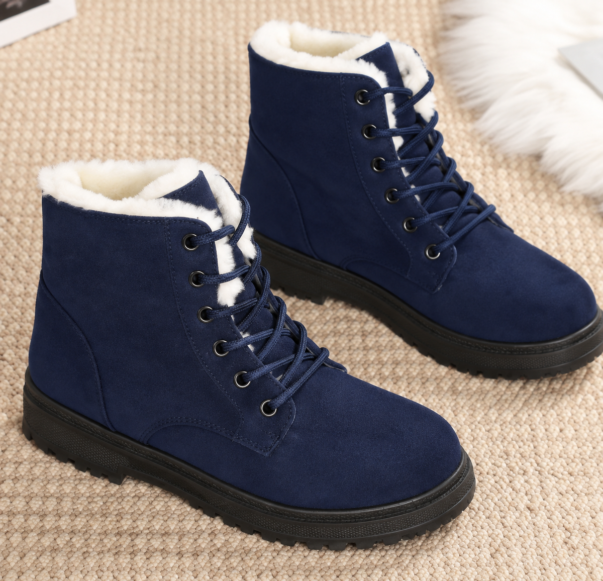 Wendy | Women's Fleece-Lined Lace-Up Ankle Boots with Plush Collar and Lug Sole