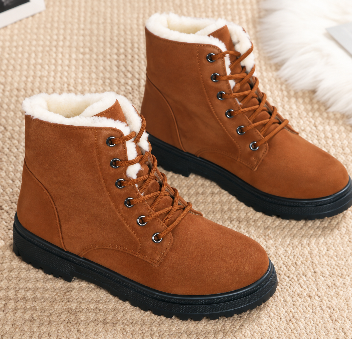 Wendy | Women's Fleece-Lined Lace-Up Ankle Boots with Plush Collar and Lug Sole