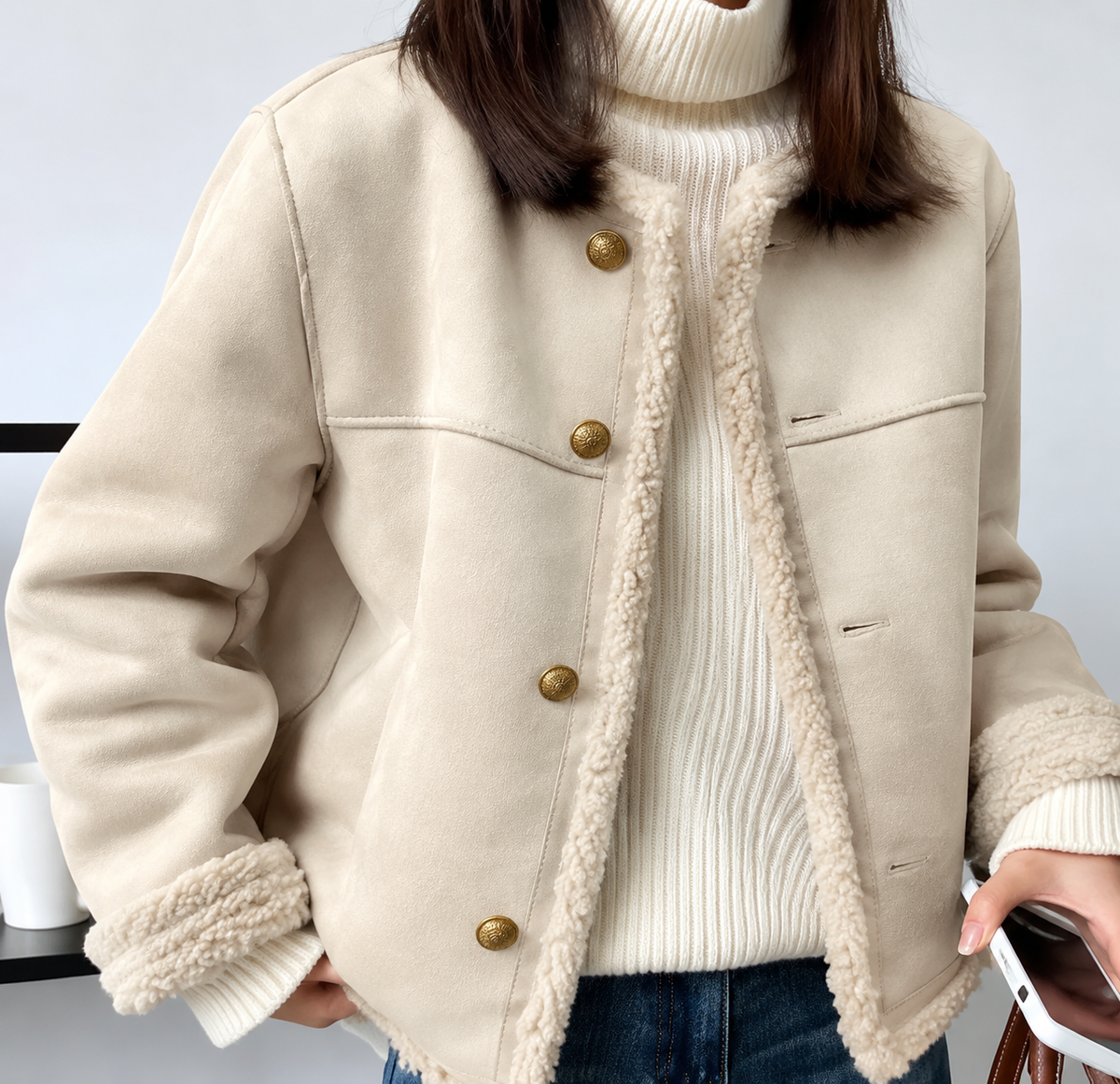 Marcia | Women's Suede-Look Button-Front Jacket with Shearling-Look Trim and Pockets