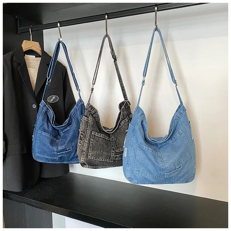 Women’s Denim-Look Hobo Bag with Patch Pockets and Adjustable Strap