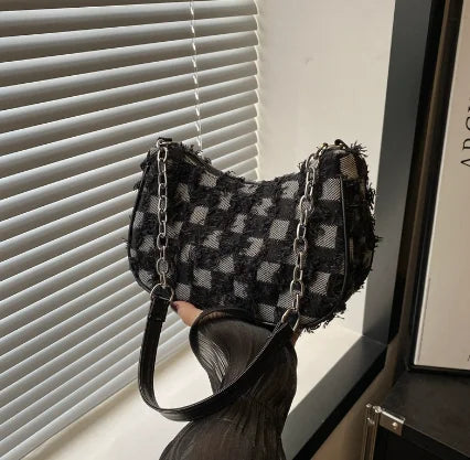 Women’s Denim-Look Patchwork Shoulder Bag with Stars and Chain Detail