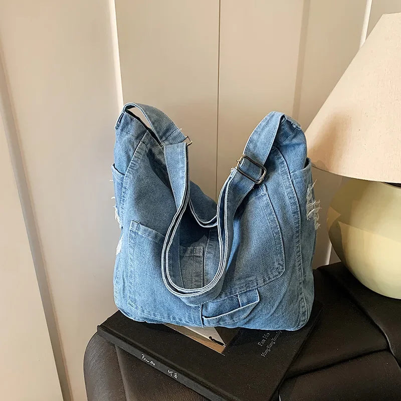 Women’s Denim-Look Hobo Bag with Patch Pockets and Adjustable Strap