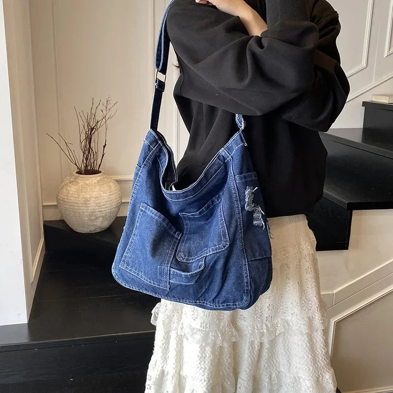 Women’s Denim-Look Hobo Bag with Patch Pockets and Adjustable Strap
