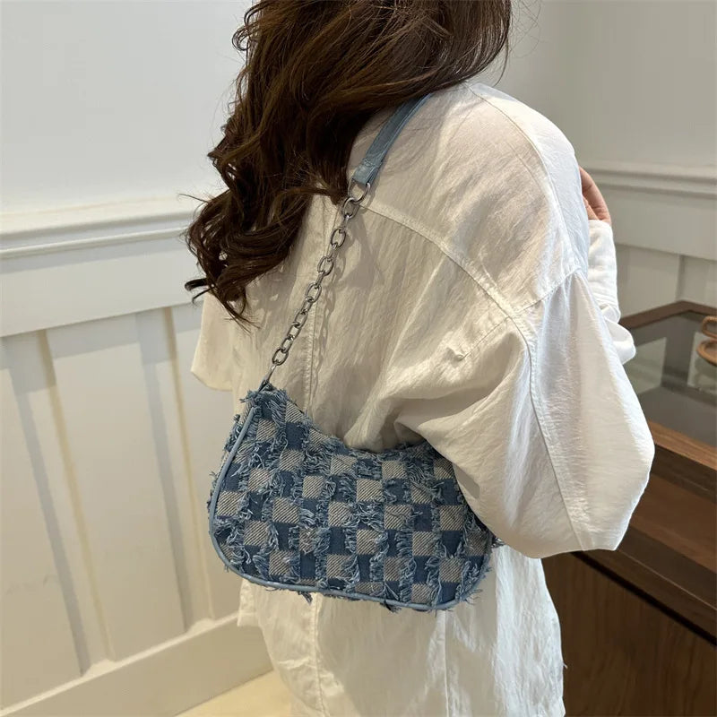 Women’s Denim-Look Patchwork Shoulder Bag with Stars and Chain Detail