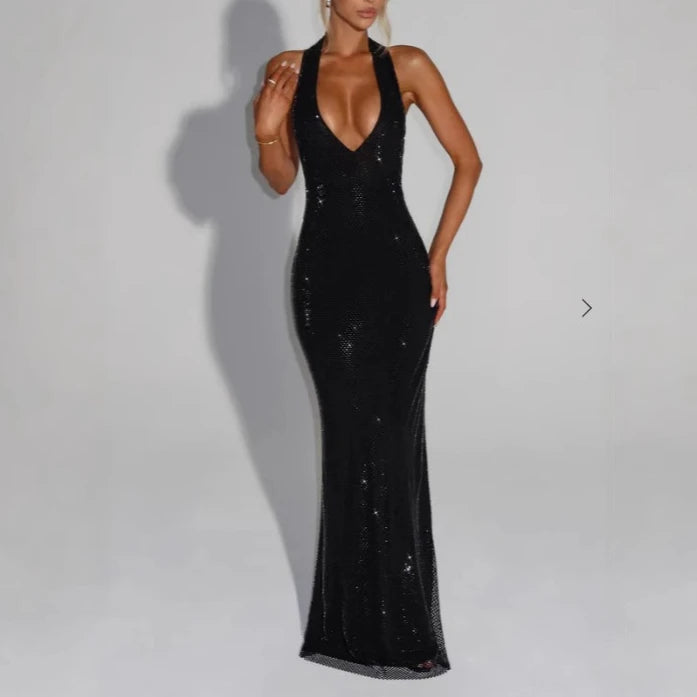 Scintilla | Sequin Halter Backless Bodycon Maxi Dress