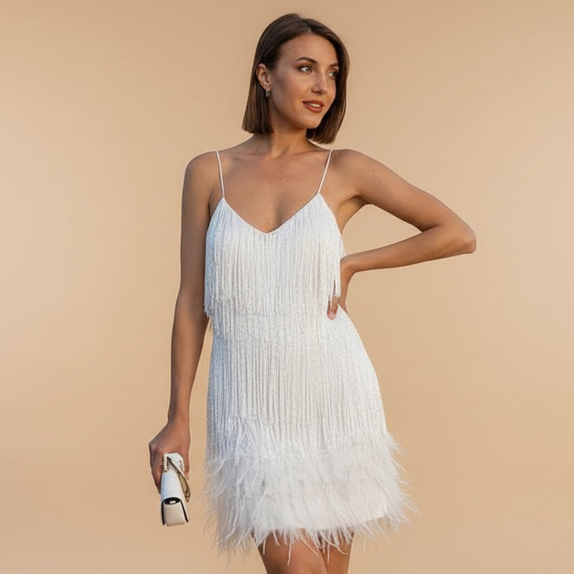 Plumette | Sequin Feather Tassel Spaghetti Strap Mini Dress