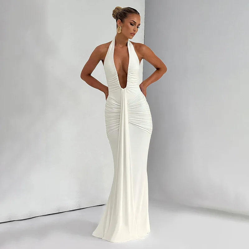 Tassara | Halter Deep V Backless Ruched Maxi Dress