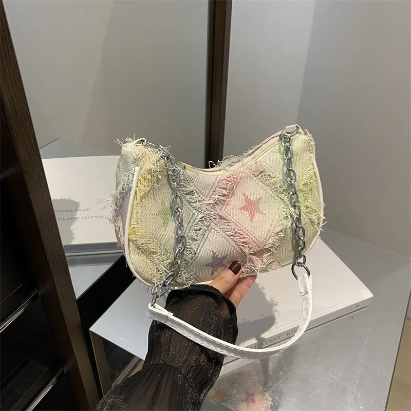 Women’s Denim-Look Patchwork Shoulder Bag with Stars and Chain Detail