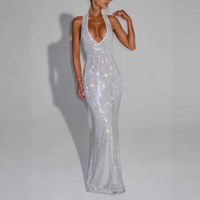 Scintilla | Sequin Halter Backless Bodycon Maxi Dress