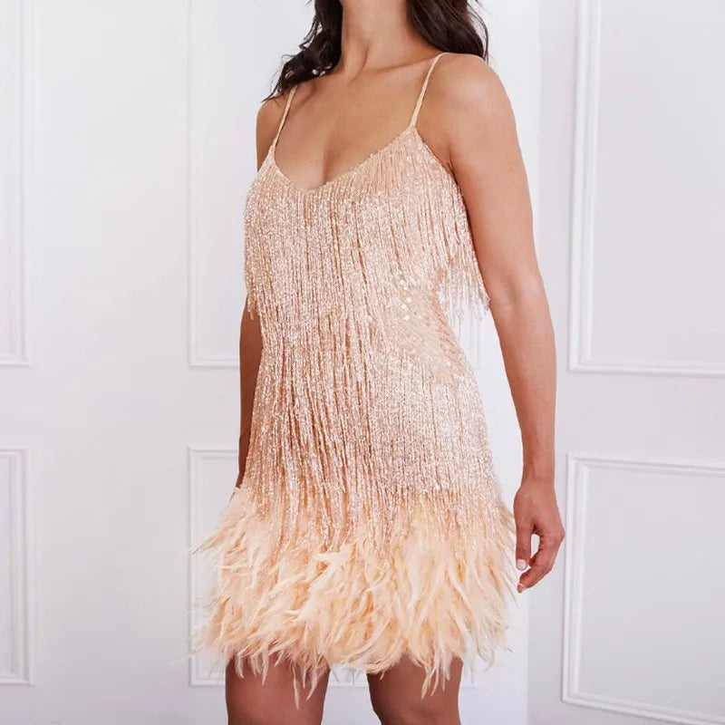 Plumette | Sequin Feather Tassel Spaghetti Strap Mini Dress