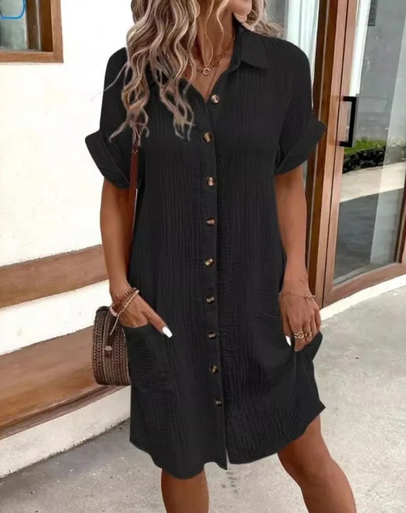 Carol | Women's Button-Down Shirt Dress with Short Sleeves, Collar and Side Pockets