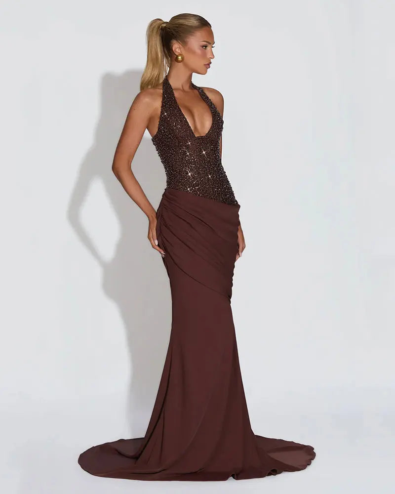 Seraphelle | Sequin Halter Lace Up Backless Bodycon Maxi Dress