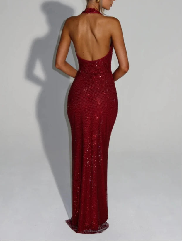 Scintilla | Sequin Halter Backless Bodycon Maxi Dress