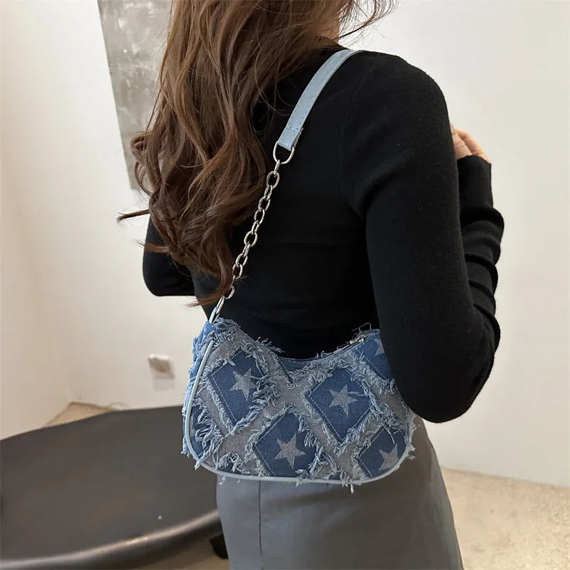 Women’s Denim-Look Patchwork Shoulder Bag with Stars and Chain Detail