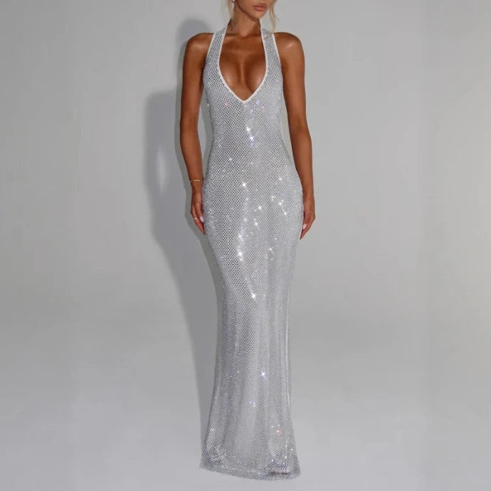 Scintilla | Sequin Halter Backless Bodycon Maxi Dress