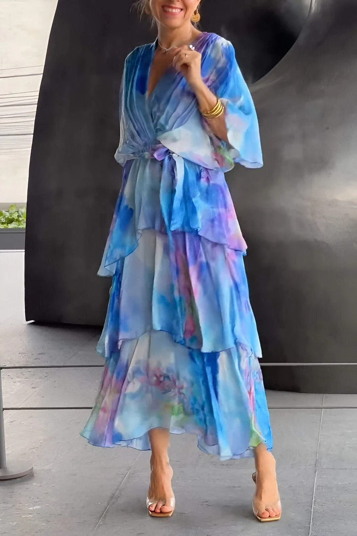 Women's V Neck Ruched Fit Flowy Draped Dress