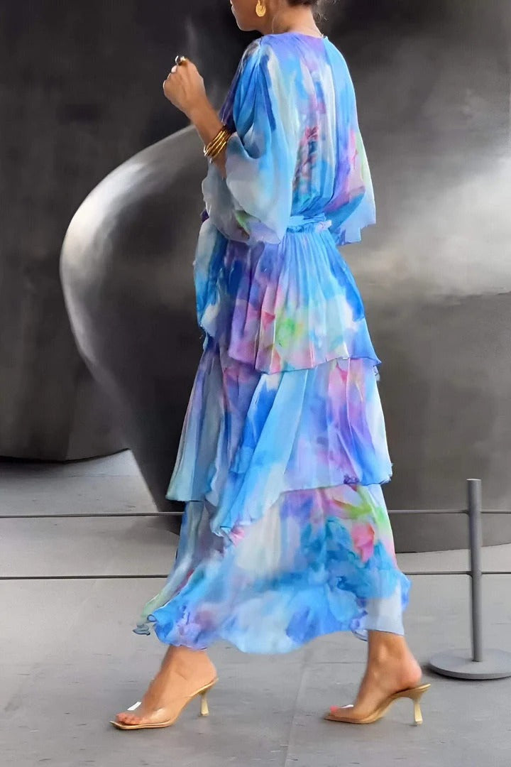 Women's V Neck Ruched Fit Flowy Draped Dress