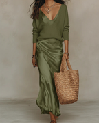 Dorothea | Women's Satin-Look Midi Dress and Coordinating Knit Set