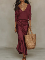 Dorothea | Women's Satin-Look Midi Dress and Coordinating Knit Set