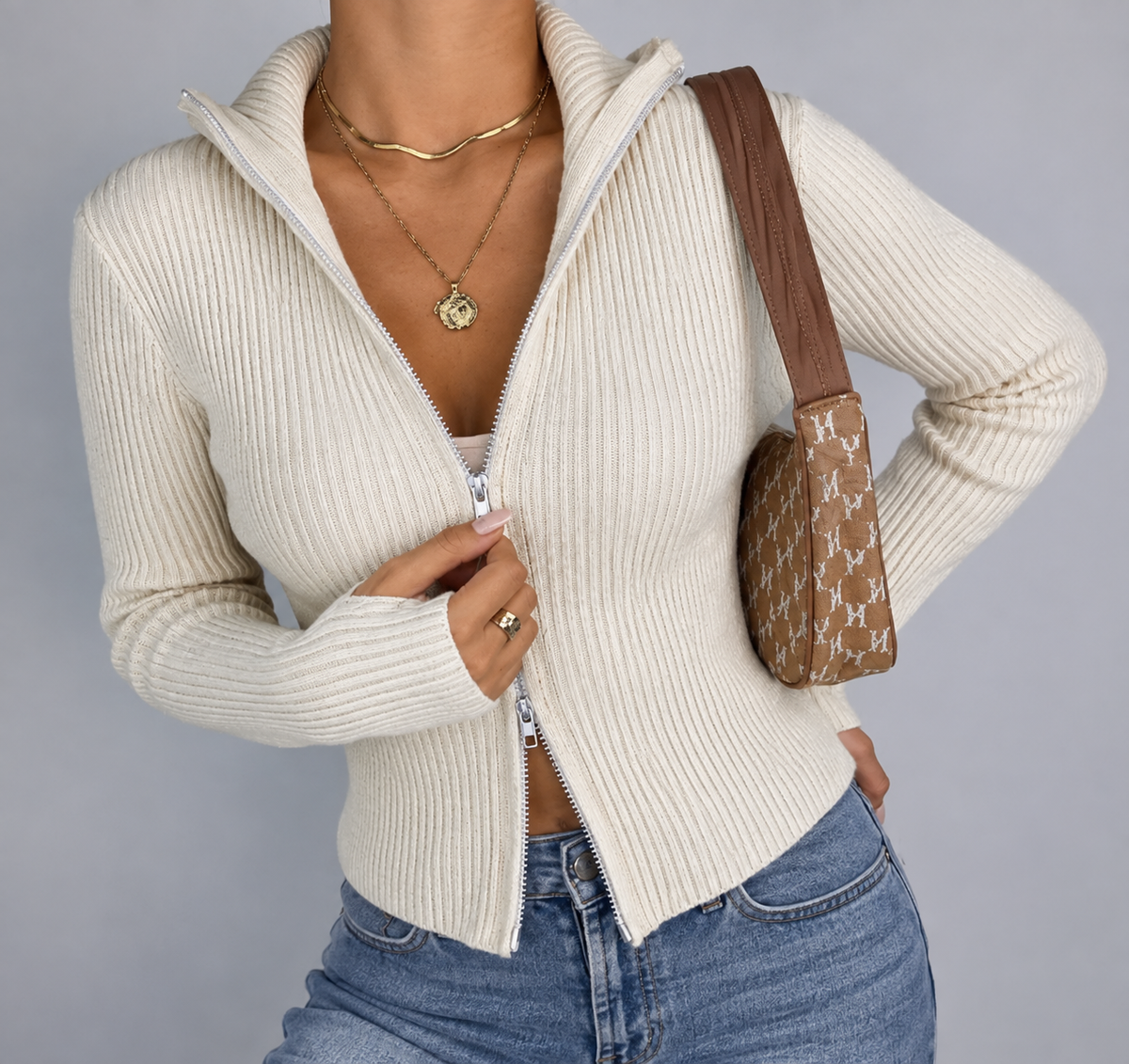 Rebecca | Women’s Ribbed Two-Way Zip Cardigan with Stand Collar