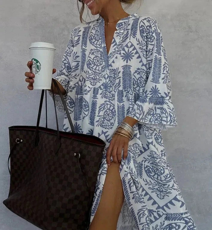 Women's Boho Print V Neck 3/4 Sleeve Swing Dress