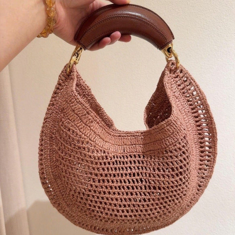 Molly | Women's Crescent Hobo Bag Woven Shoulder Bag with Wood Top Handle