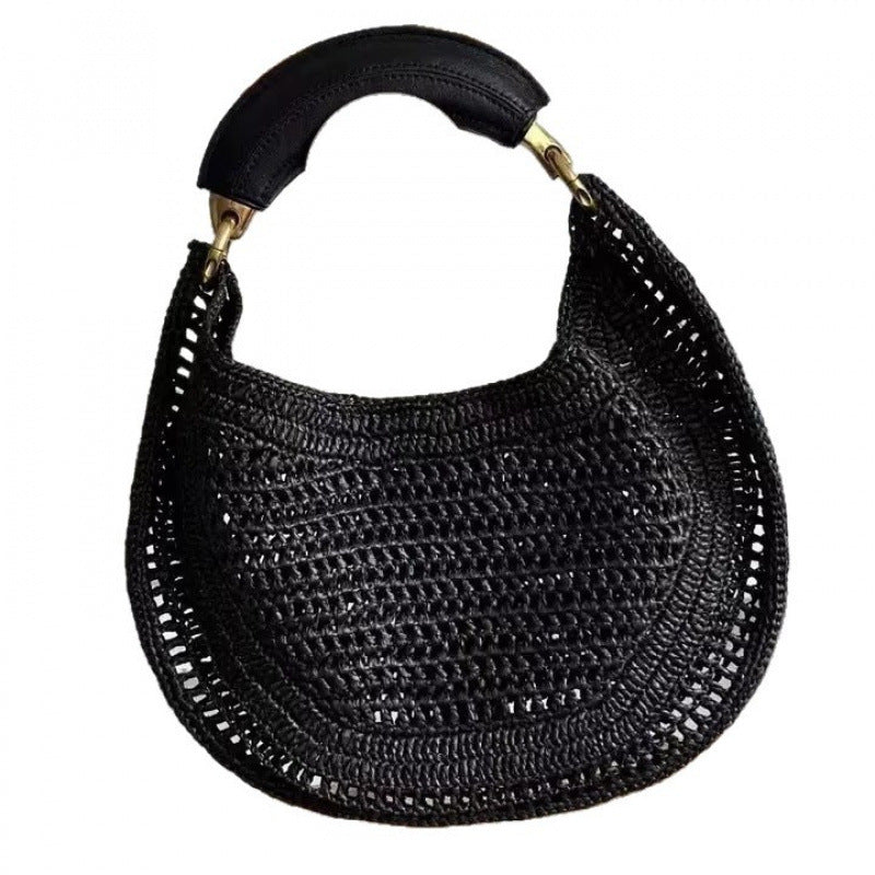 Molly | Women's Crescent Hobo Bag Woven Shoulder Bag with Wood Top Handle