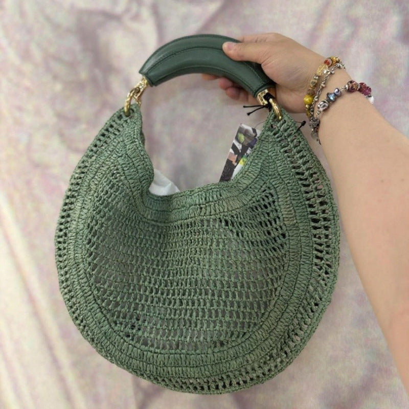 Molly | Women's Crescent Hobo Bag Woven Shoulder Bag with Wood Top Handle