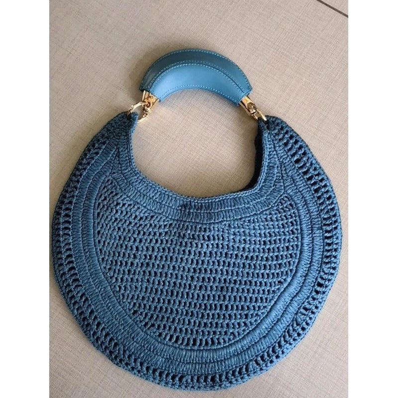 Molly | Women's Crescent Hobo Bag Woven Shoulder Bag with Wood Top Handle