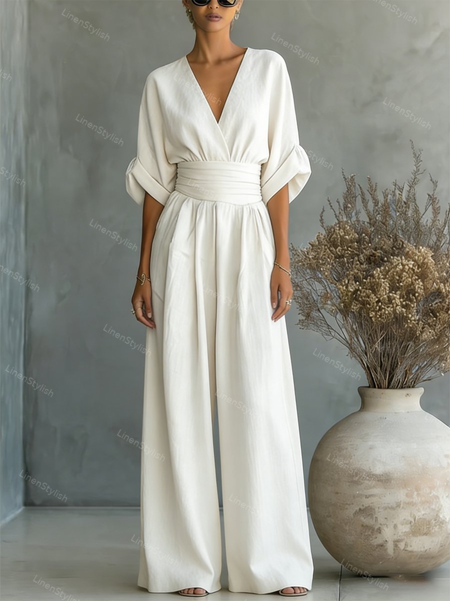 Sharon | Women's Wrap Front Wide-Leg Jumpsuit with V-Neck and Gathered Cuff Sleeves