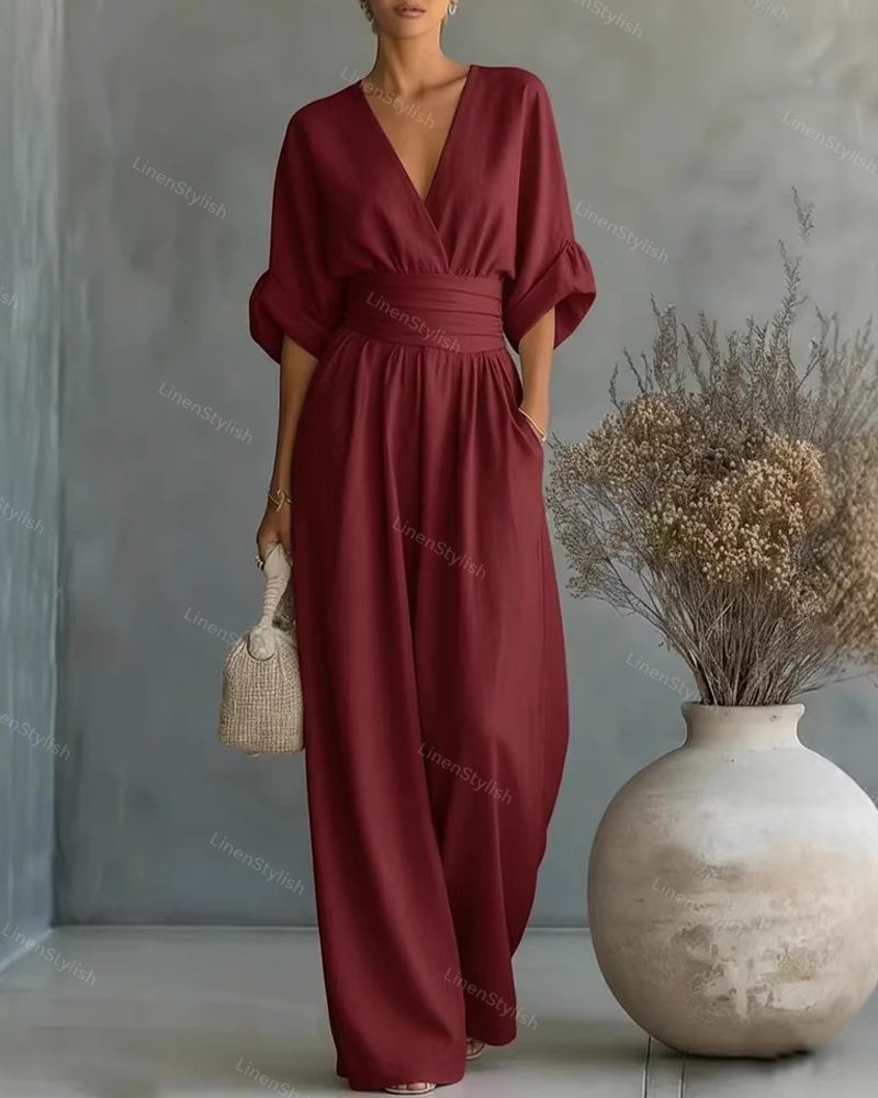 Sharon | Women's Wrap Front Wide-Leg Jumpsuit with V-Neck and Gathered Cuff Sleeves