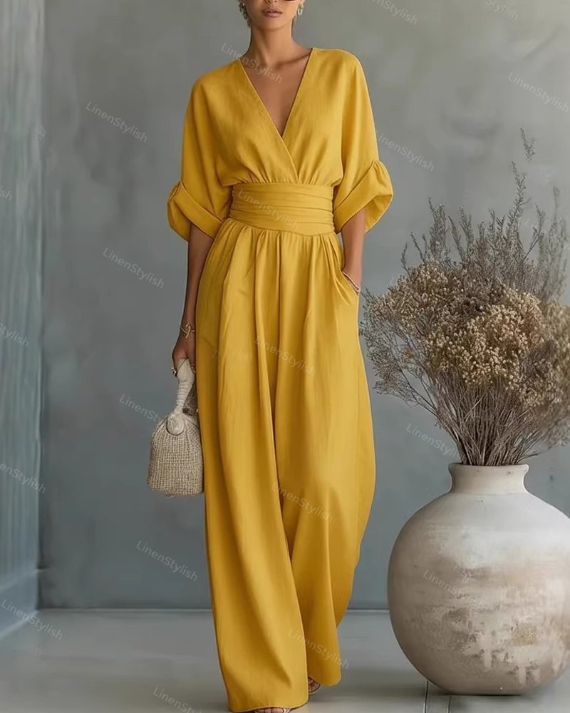 Sharon | Women's Wrap Front Wide-Leg Jumpsuit with V-Neck and Gathered Cuff Sleeves