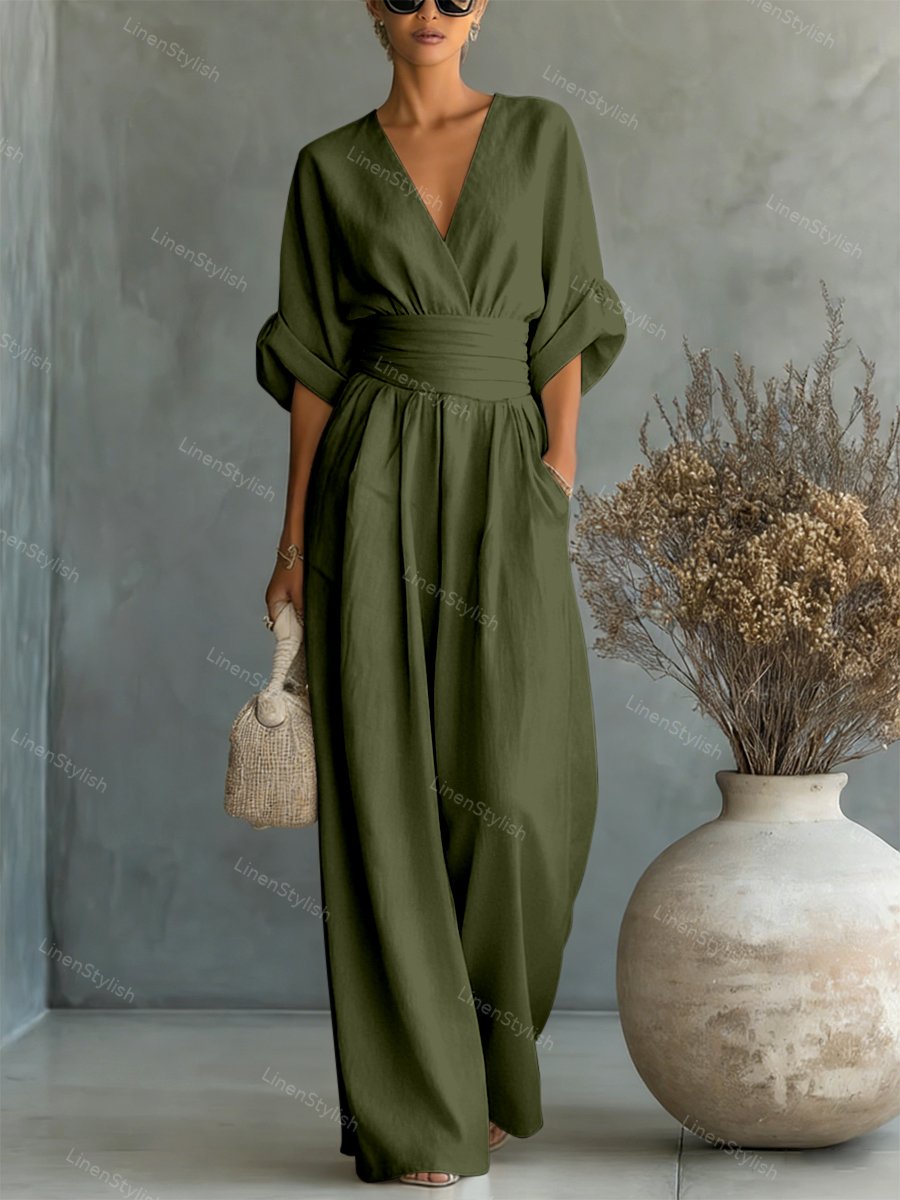 Sharon | Women's Wrap Front Wide-Leg Jumpsuit with V-Neck and Gathered Cuff Sleeves