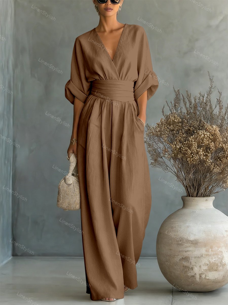 Sharon | Women's Wrap Front Wide-Leg Jumpsuit with V-Neck and Gathered Cuff Sleeves