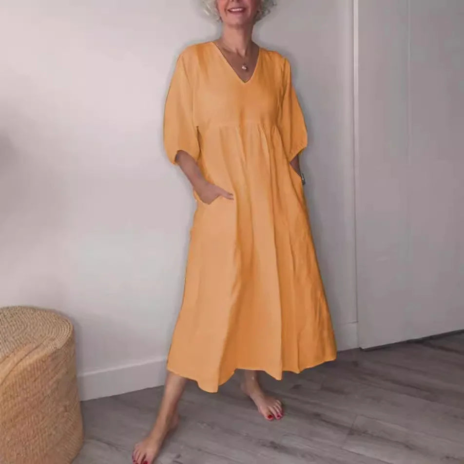 Women's V Neck Ruched Fit Draped Midi Dress With Pockets