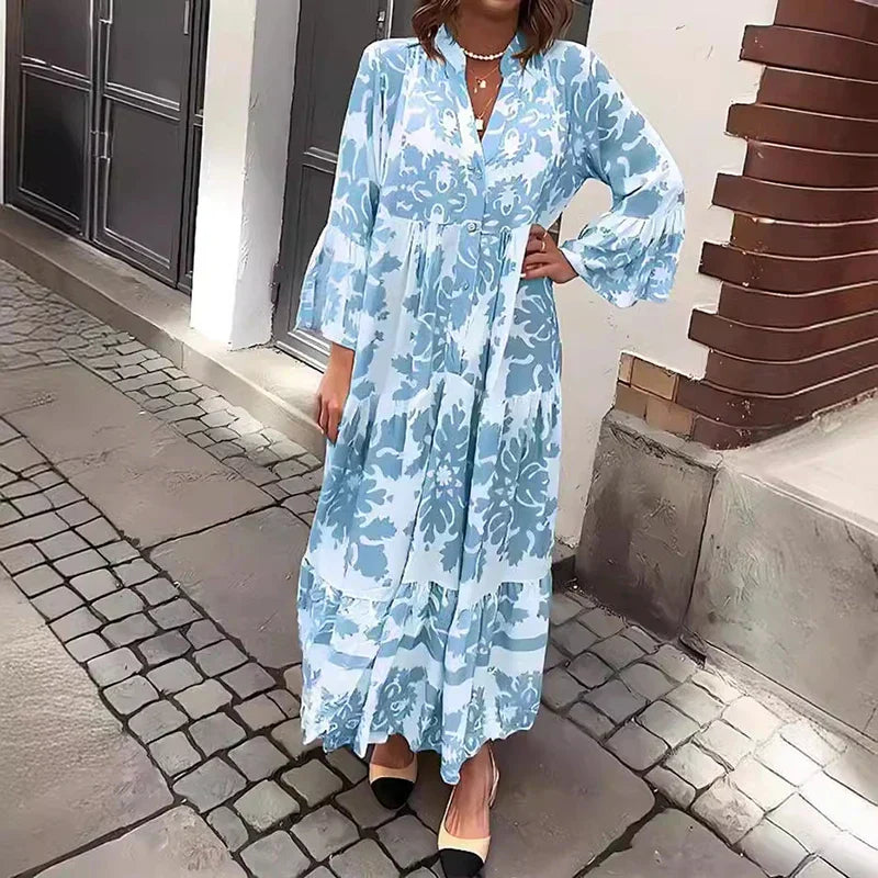 Women's Boho Flowy Printed Draped Maxi Dress