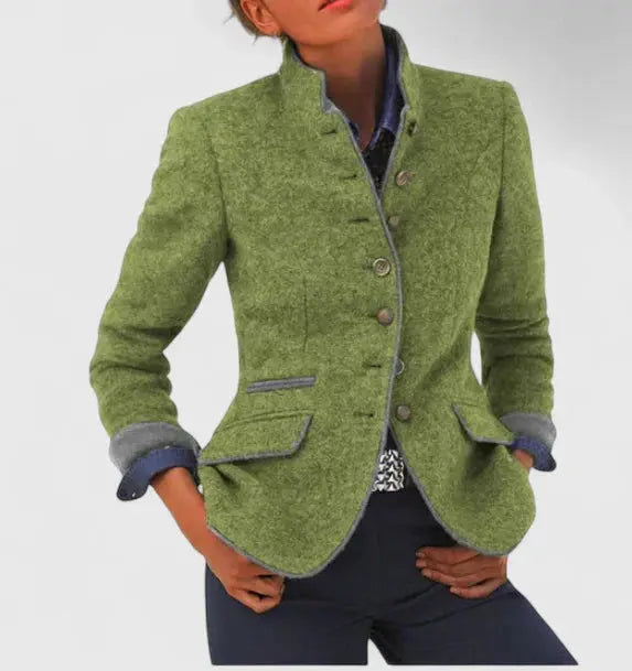 Deborah | Women's Stand Collar Blazer – Tailored Single-Breasted with Contrast Trim Pockets