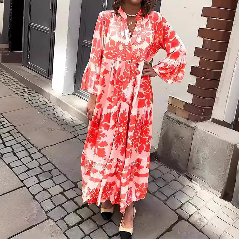 Women's Boho Flowy Printed Draped Maxi Dress