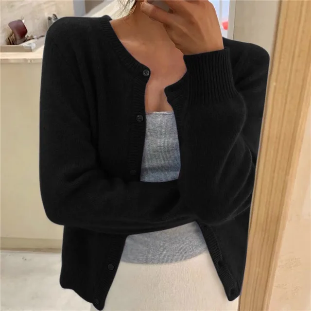 Beatrice | Women's Round-Neck Button-Front Fine-Knit Cardigan