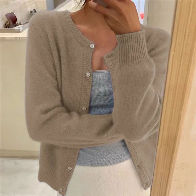 Beatrice | Women's Round-Neck Button-Front Fine-Knit Cardigan