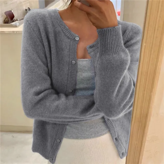 Beatrice | Women's Round-Neck Button-Front Fine-Knit Cardigan