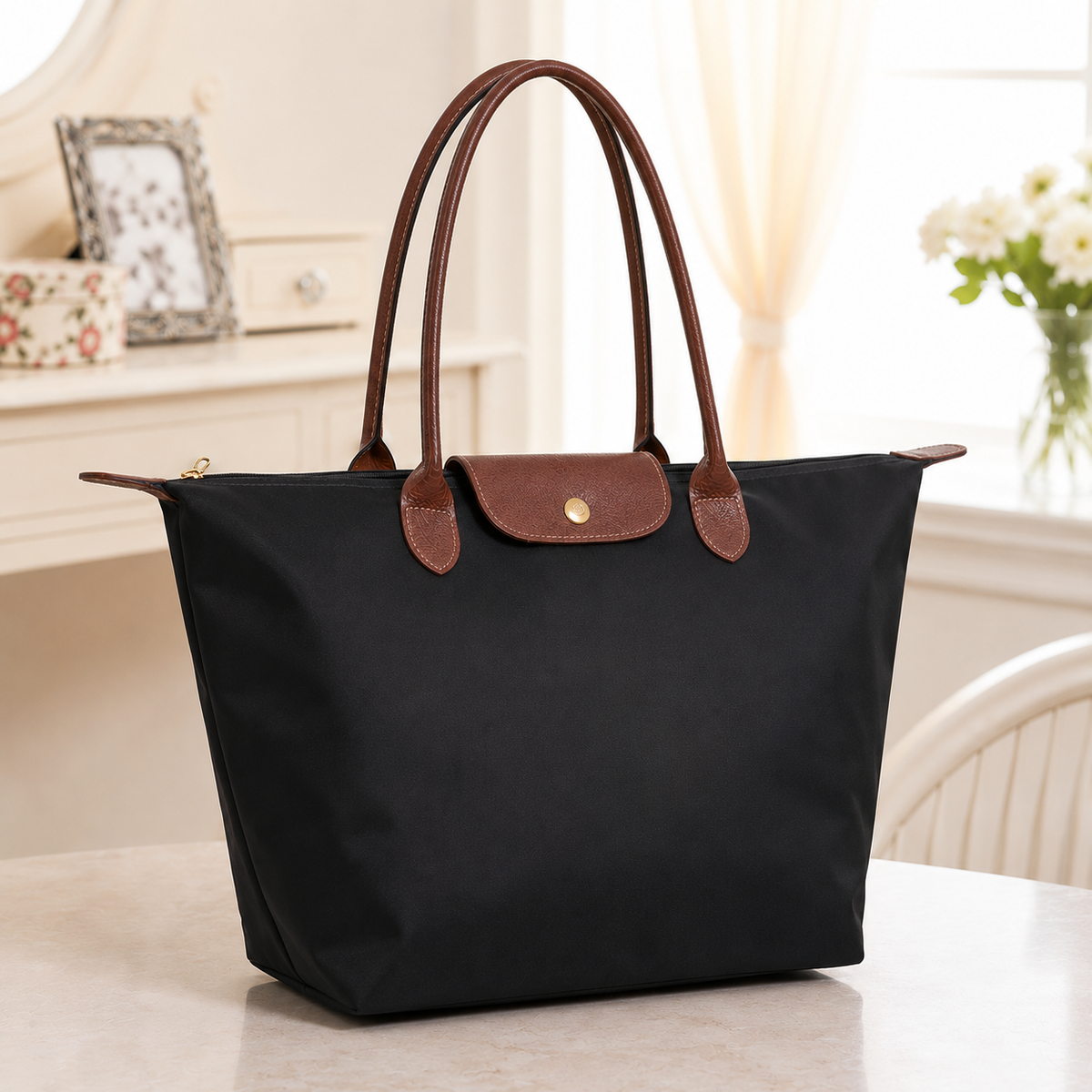 Women’s Zip-Top Shoulder Tote Bag with Snap-Flap Detail