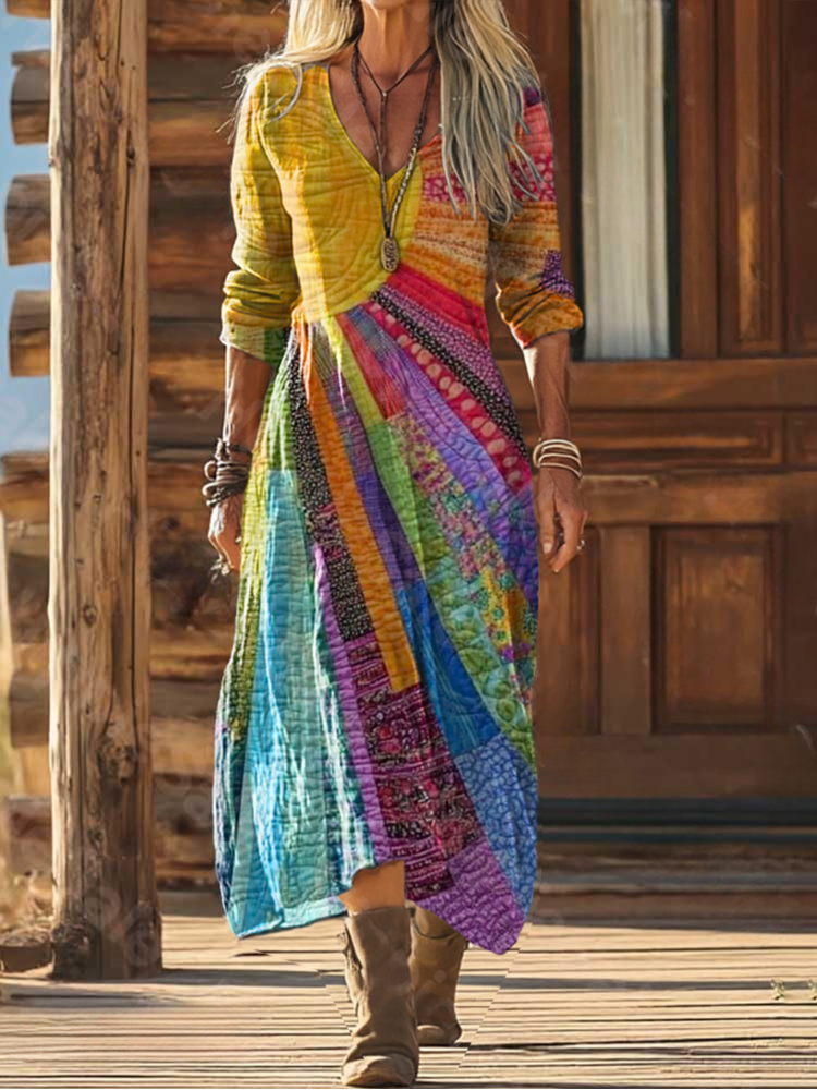 Emmeline | Women's Bohemian Sun-Design V-Neck Dress