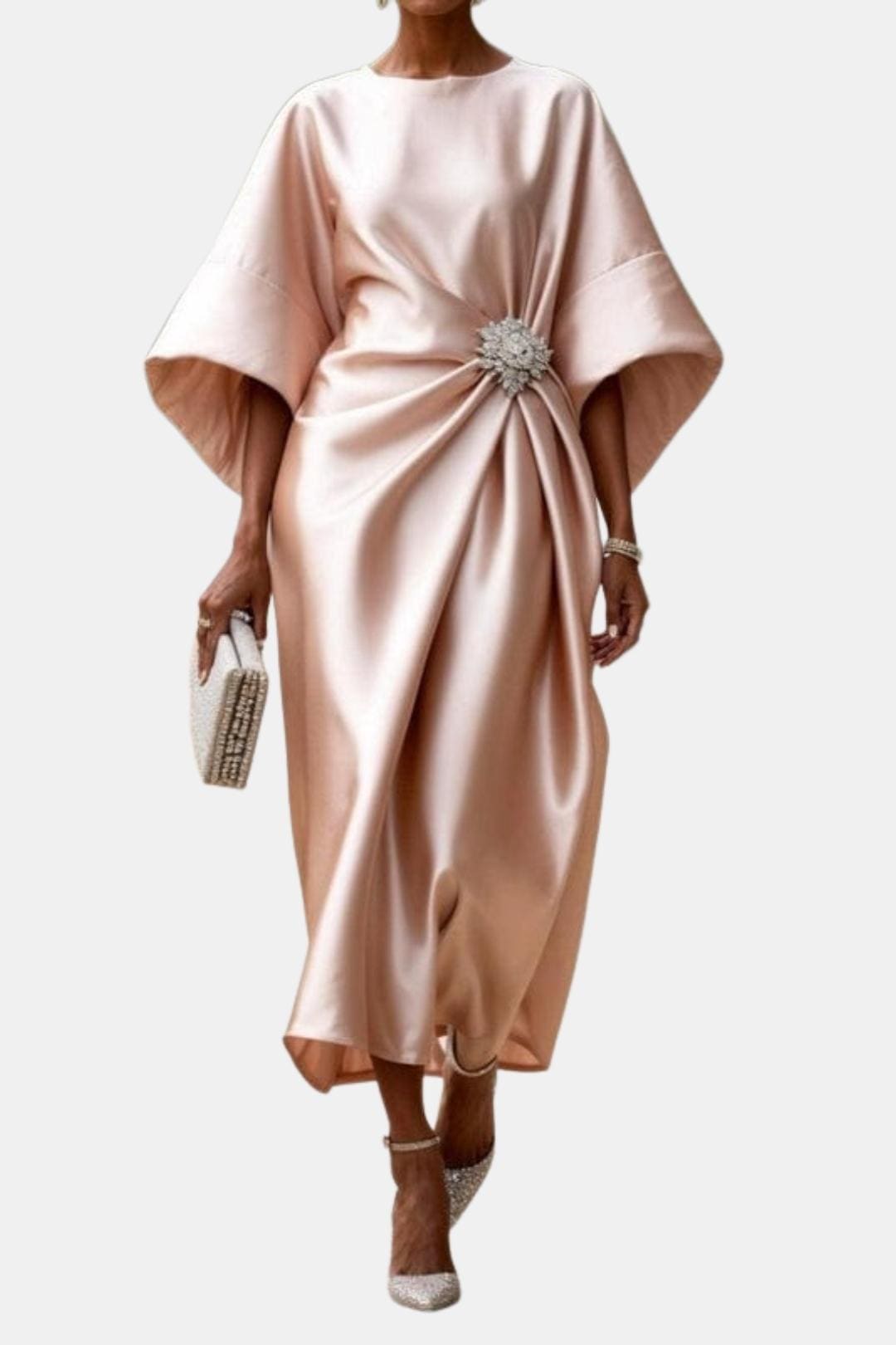 Serena | Women's Wide-Sleeve Satin-Finish A-Line Dress original product view