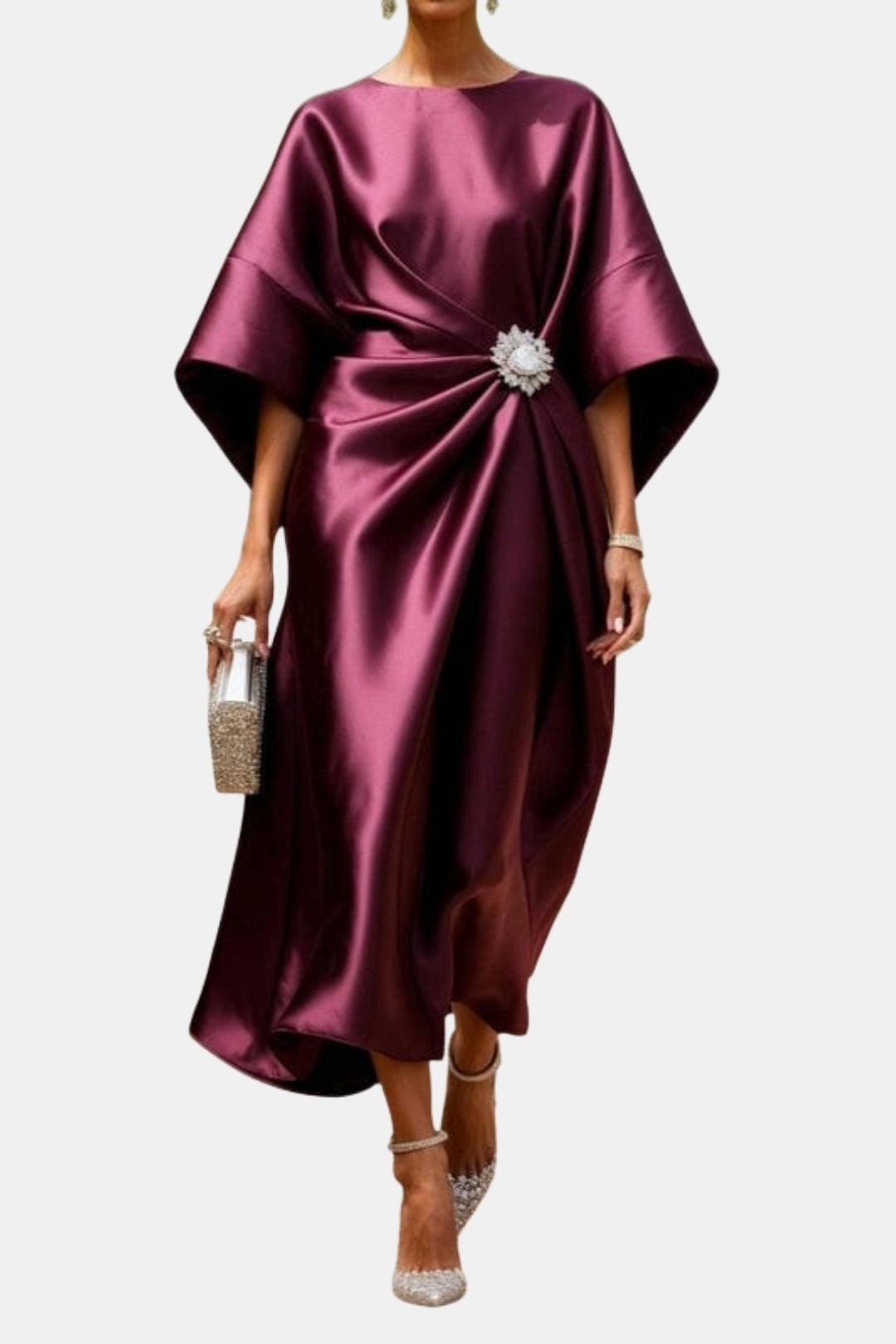 Serena | Women's Wide-Sleeve Satin-Finish A-Line Dress original product view