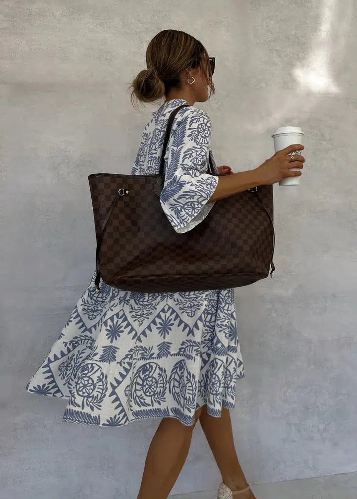 Women's Boho Print V Neck 3/4 Sleeve Swing Dress