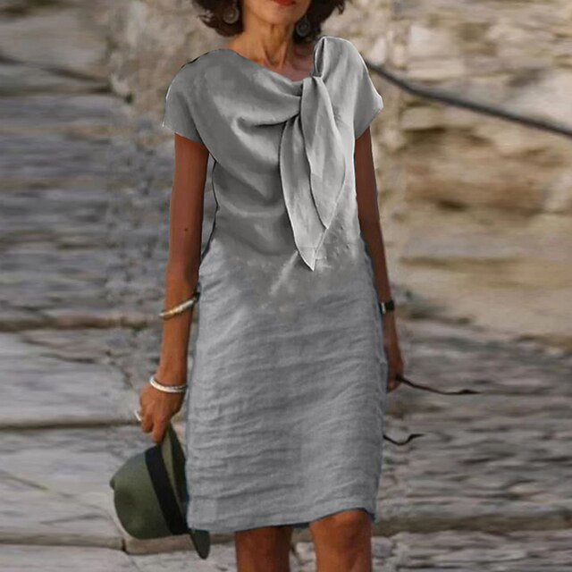 Women's Bow Neck Short Sleeve Midi Dress